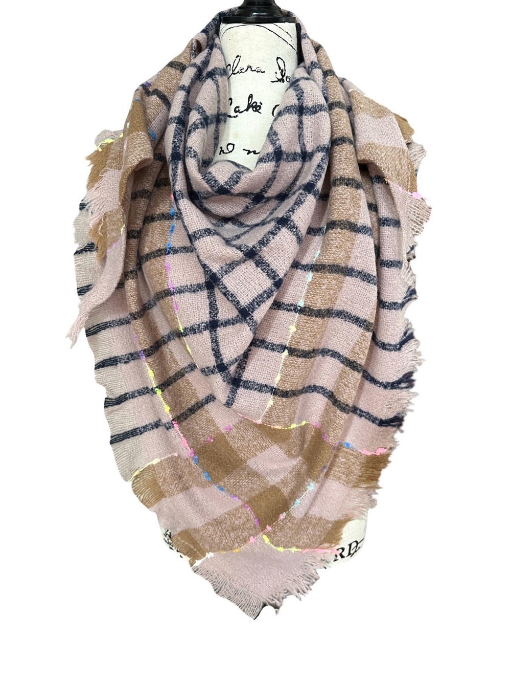 Luxury Cashmere Acrylic Plaid Triangle Scarf Mauve Cream Brown Black Blue Yellow